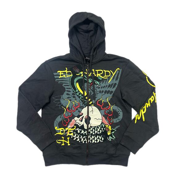 Ed Hardy Skull Cobra Snake Fire Zip Up Hoodie EHMTJ1301-9 - Picture 1 of 10